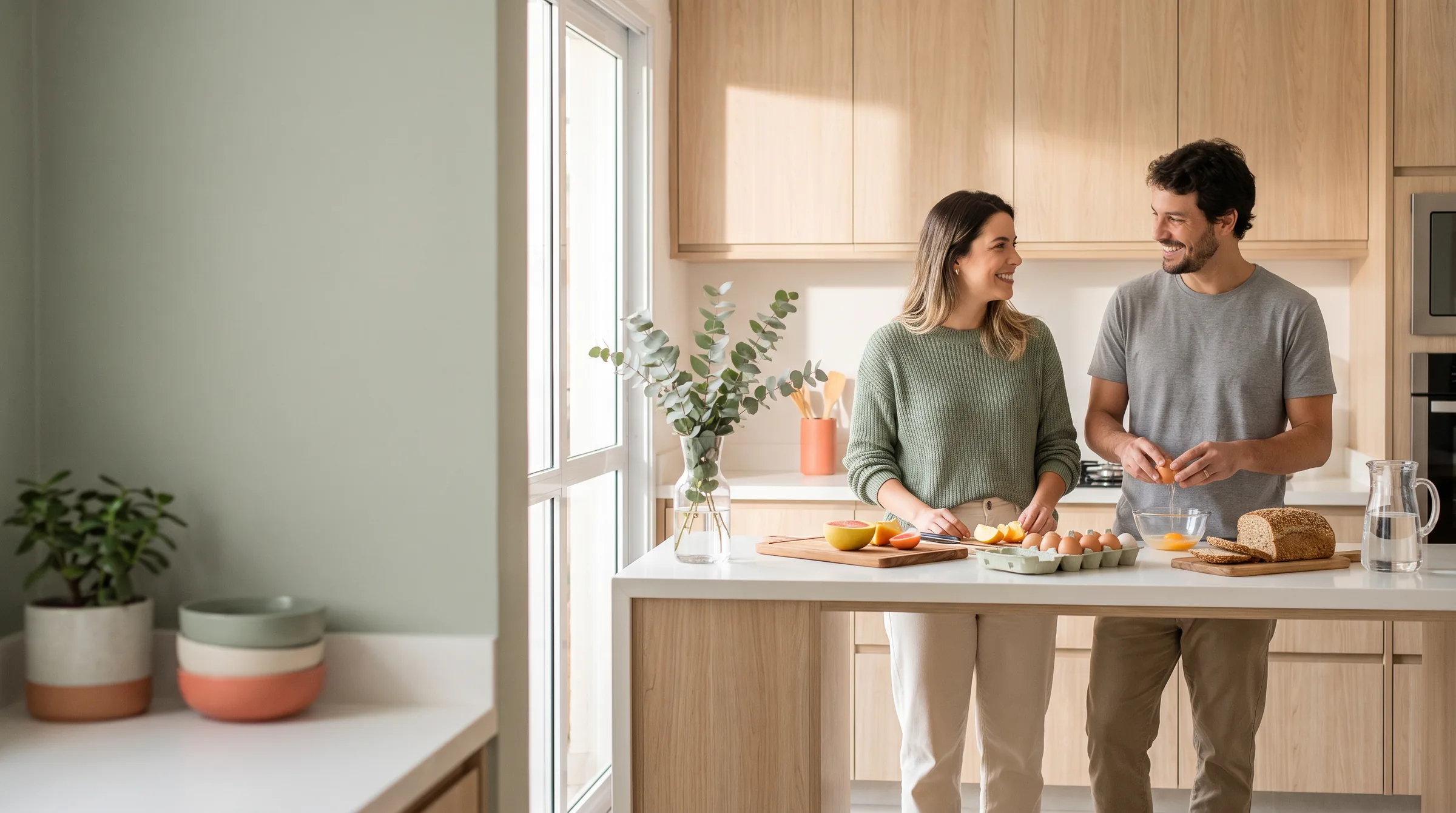 Casal preparando um café da manhã simples na cozinha