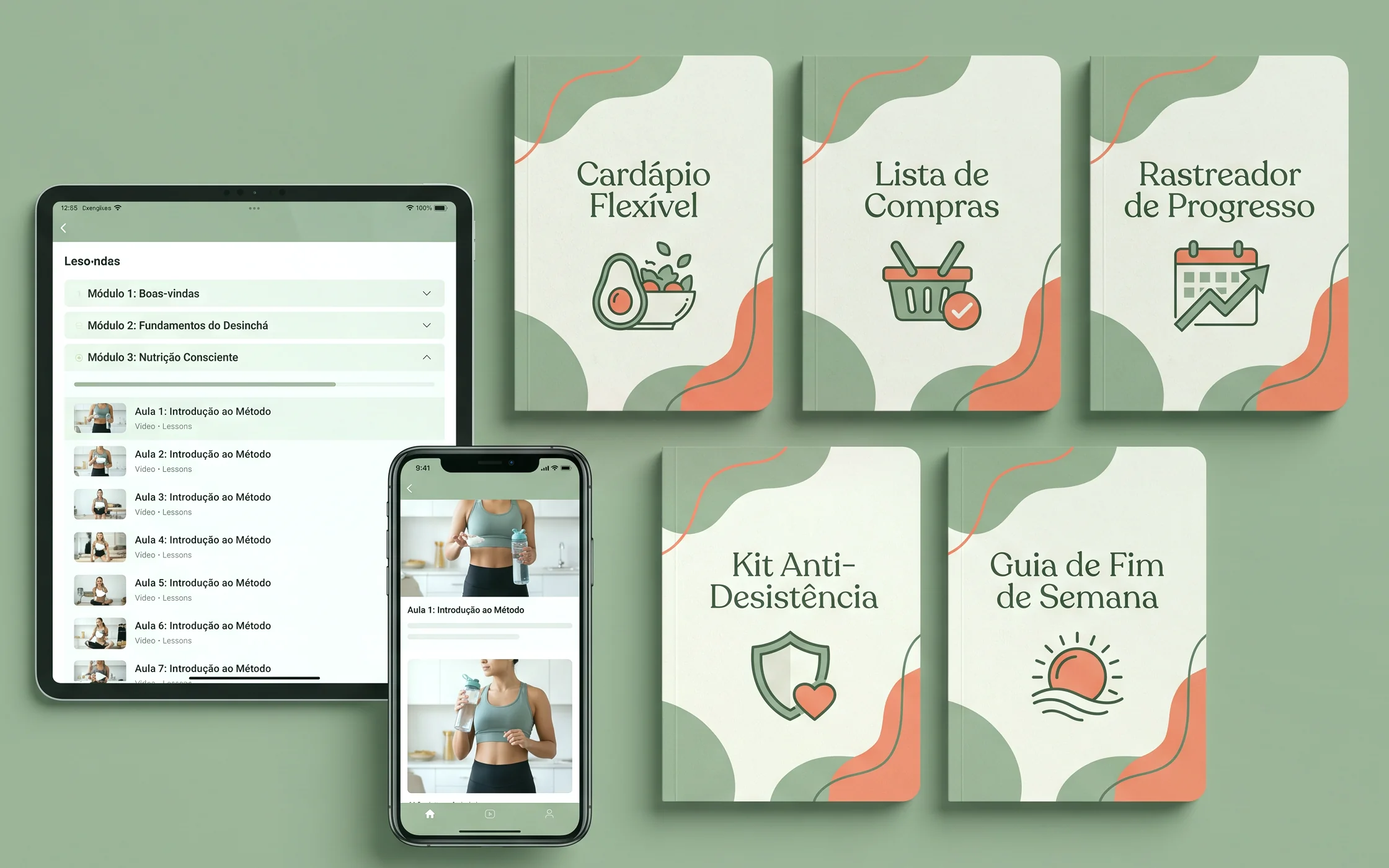 Kit completo do Desincha 21: videoaulas, cardápio, lista de compras, rastreador, Kit Anti-Desistência e guia de fim de semana