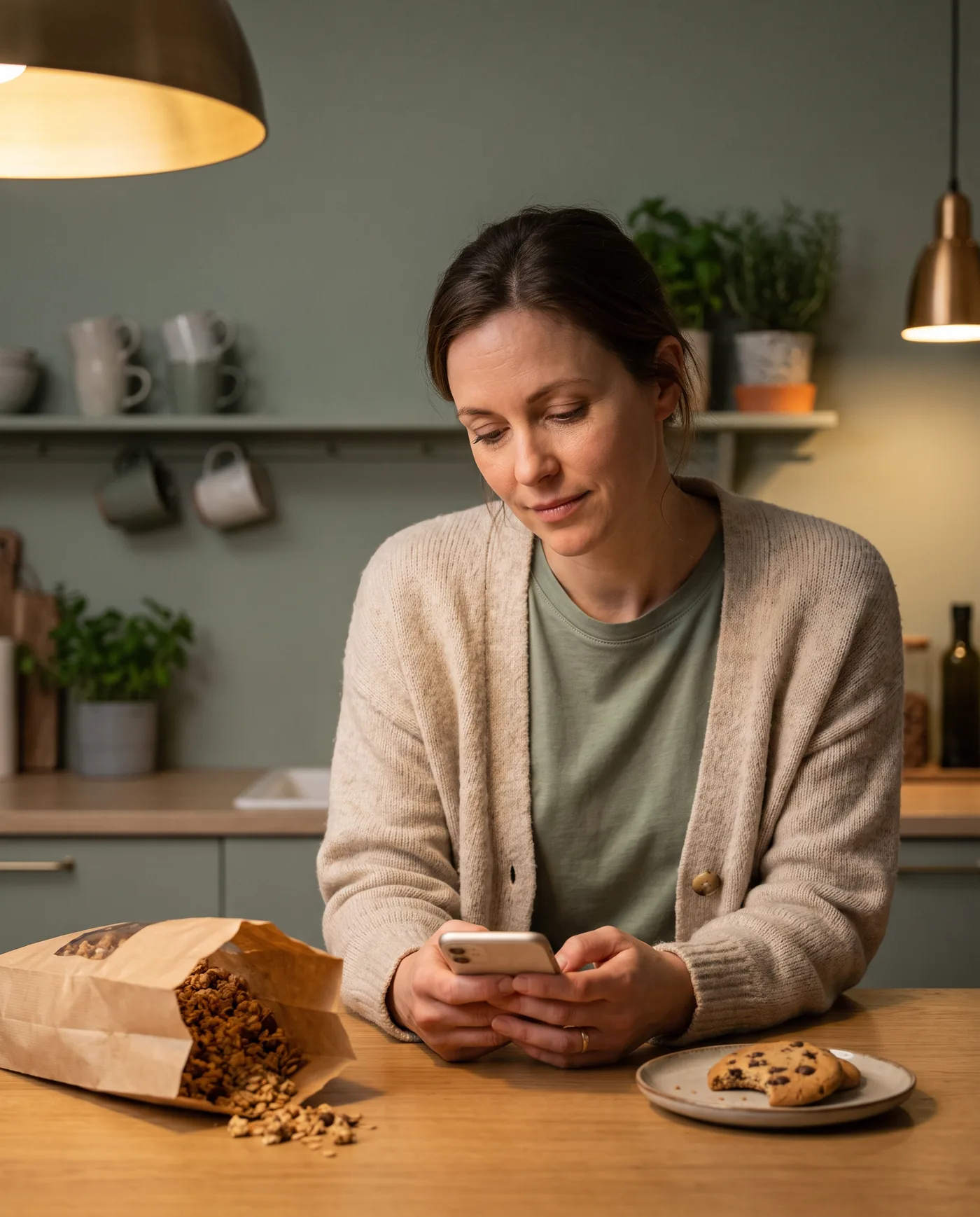 Mulher na cozinha à noite, olhando o celular, com um pacote de biscoito aberto